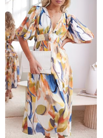 Bohemian Deep V-Print Maxi Dress - WOOLX