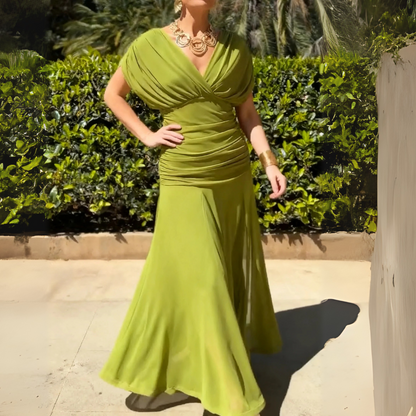 Lime Green Draped V-Neck Maxi Dress