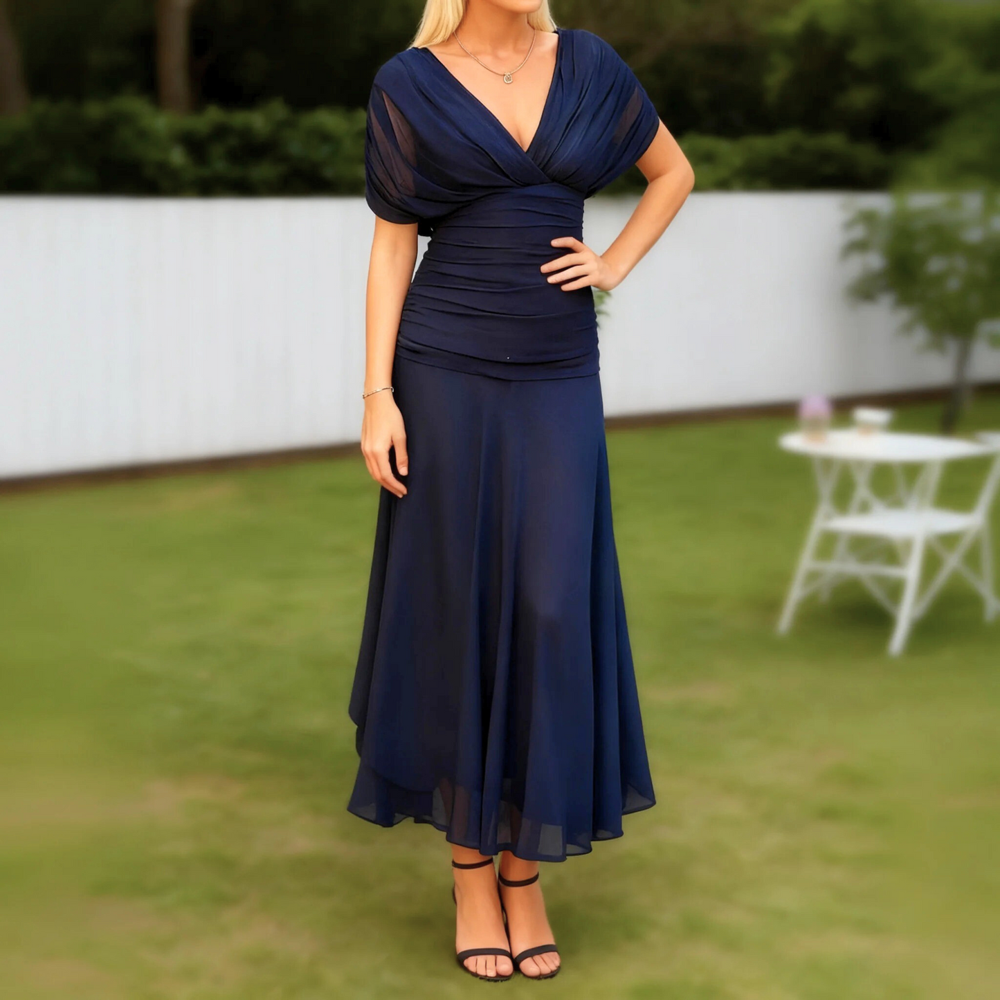 Navy Blue Chiffon V Neck Dress - WOOLX