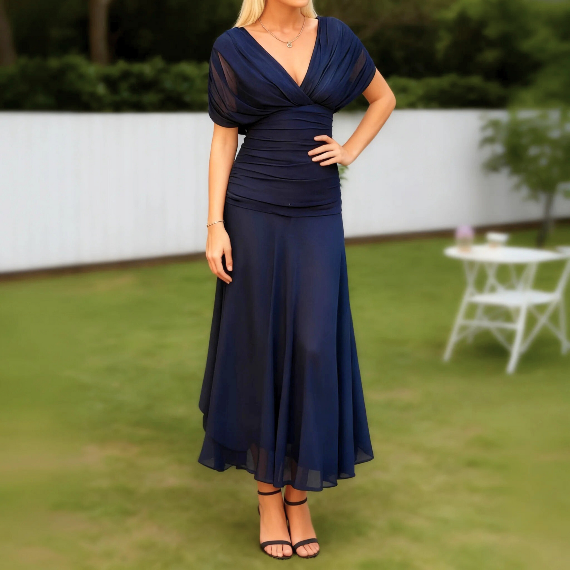 Navy Blue Chiffon V Neck Dress - WOOLX