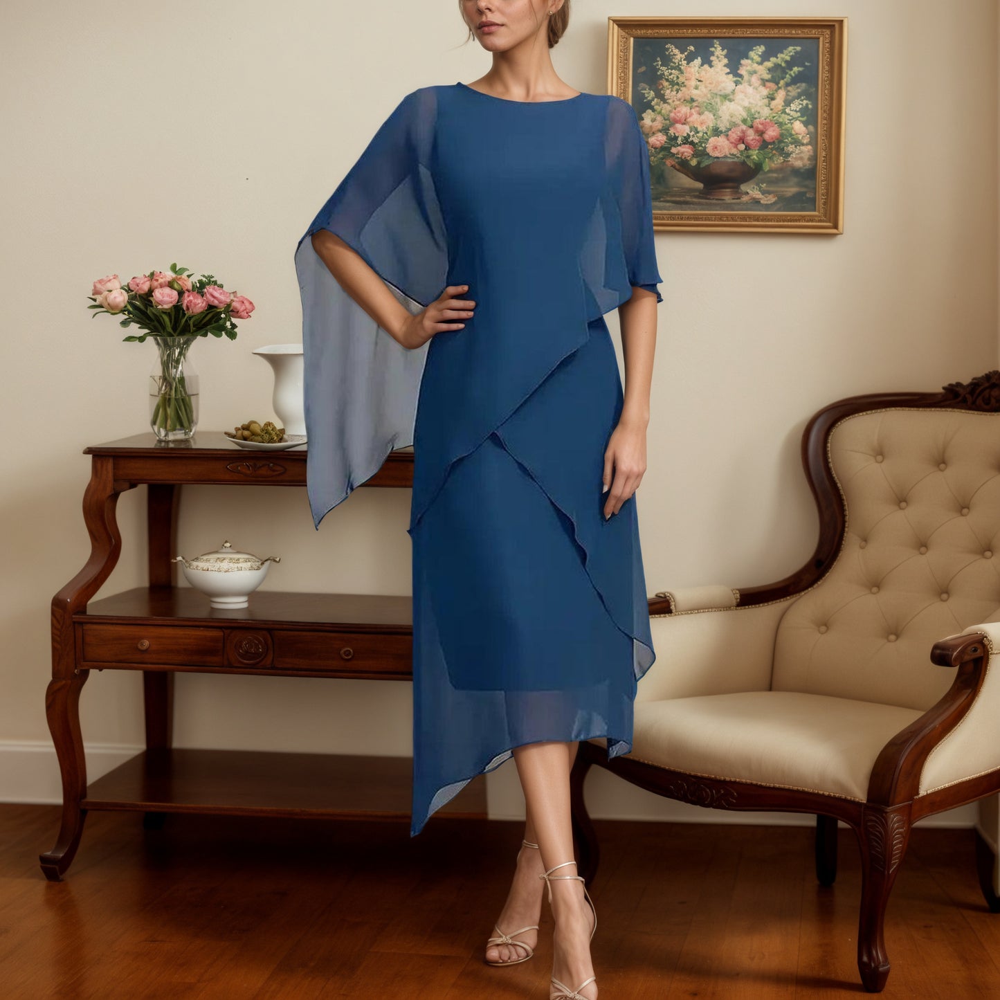 Blue Round Neck Plain Midi Dress - WOOLX