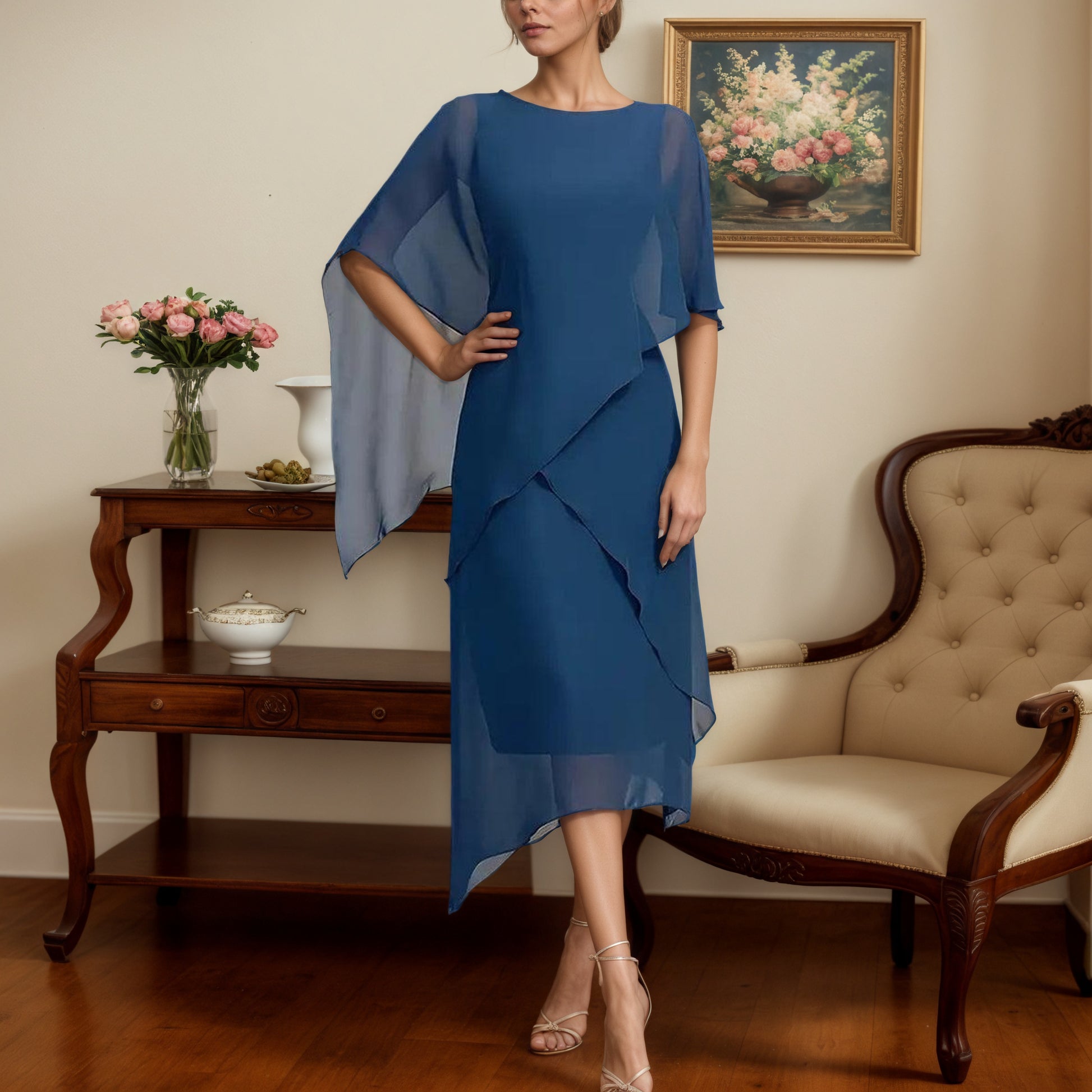 Blue Round Neck Plain Midi Dress - WOOLX