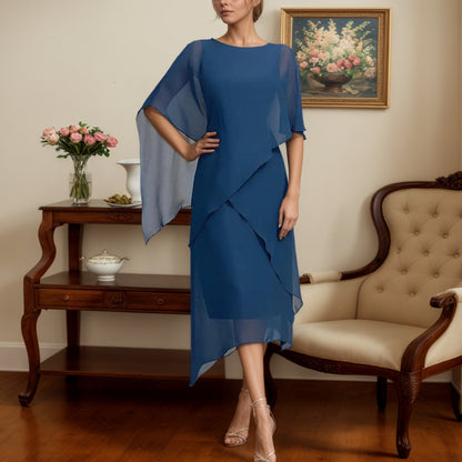Blue Round Neck Plain Midi Dress - WOOLX