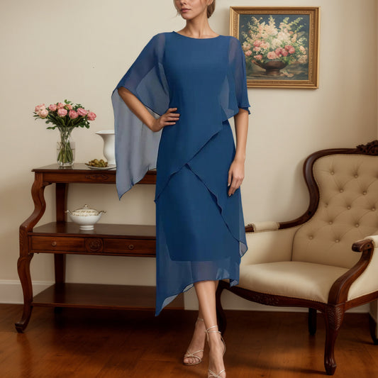 Blue Round Neck Plain Midi Dress - WOOLX