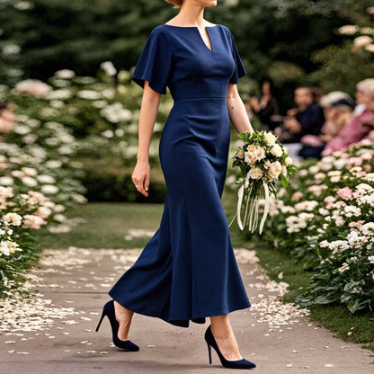 Navy Plain Short Sleeve Maxi Dress