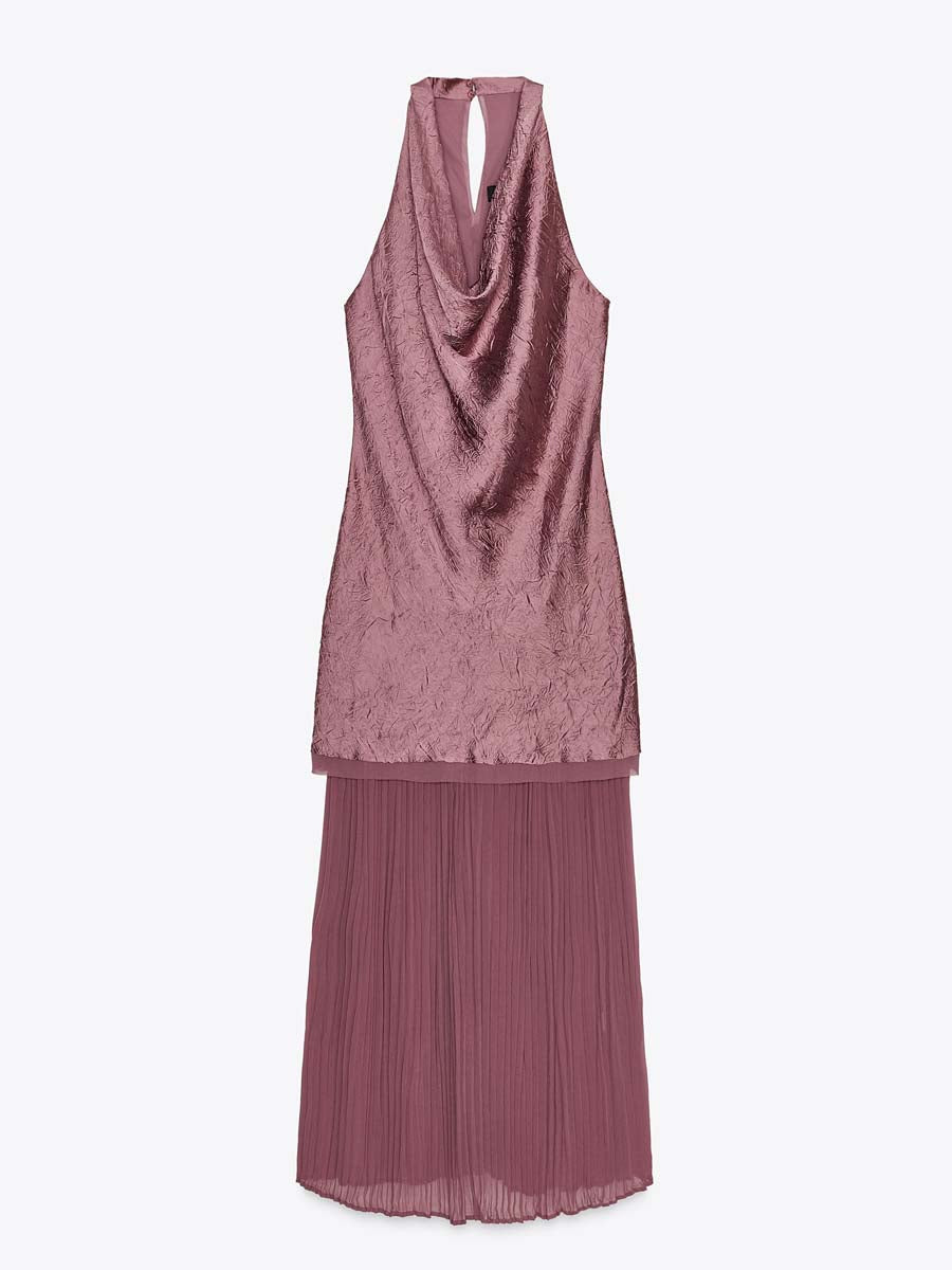 Elegant Sleeveless Patchwork Pleated Hem Dress - WOOLX