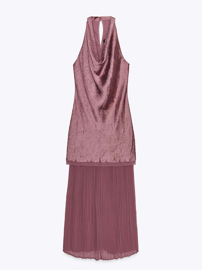 Elegant Sleeveless Patchwork Pleated Hem Dress - WOOLX