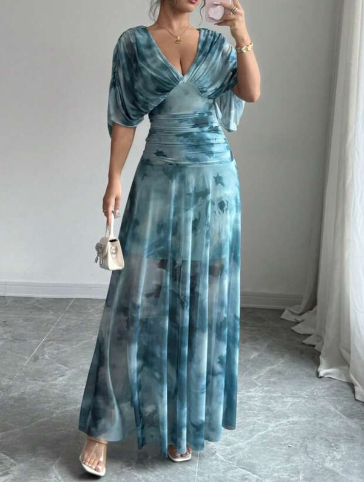Blue Tie Dye V Neck Maxi Dress - WOOLX