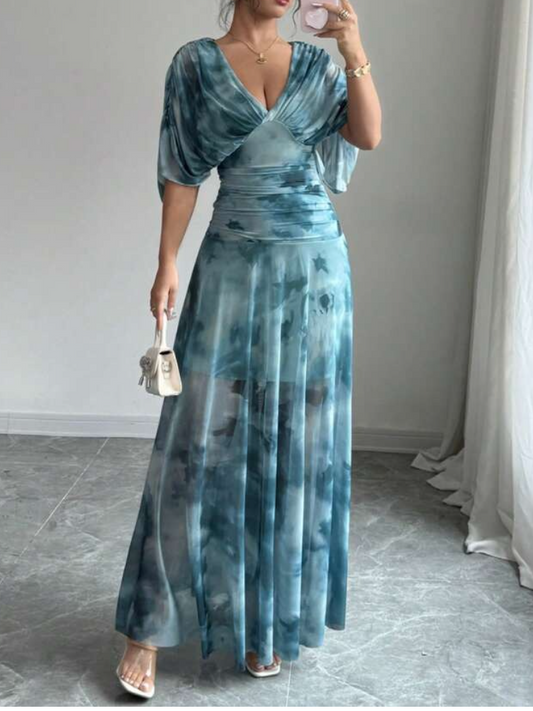 Blue Tie Dye V Neck Maxi Dress - WOOLX