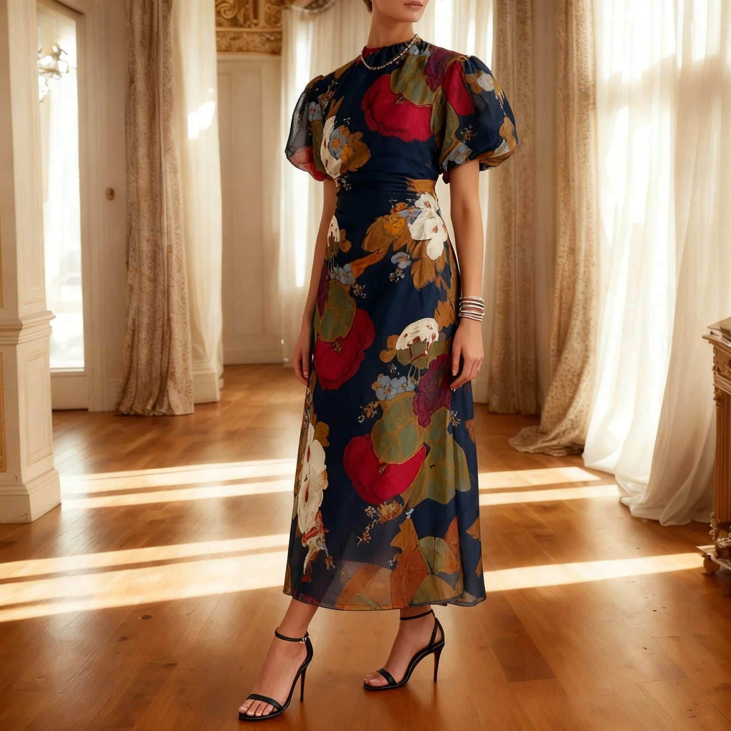 Navy Round Neck Short Sleeve Maxi Dress