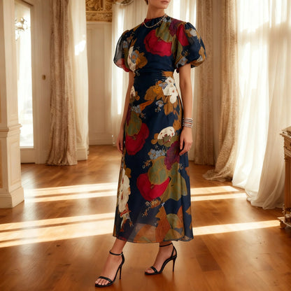 Navy Round Neck Short Sleeve Maxi Dress