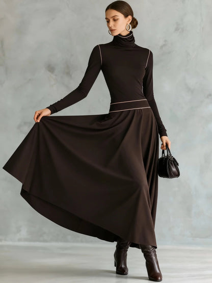 Retro Elegant Versatile High-necked Pink Trim Dark Brown Stretch Cotton Maxi Dress