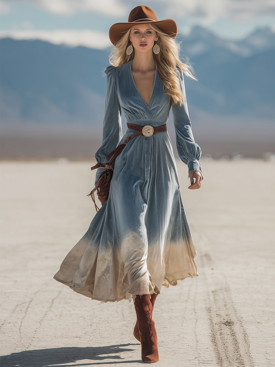 Retro Western Blue Gradient Beige Velvet V-Neck Belted Maxi Dress