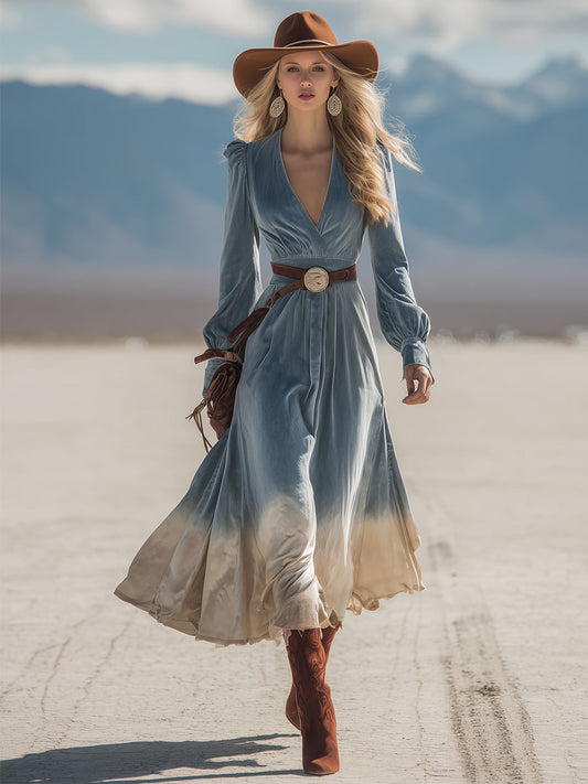 Retro Western Blue Gradient Beige Velvet V-Neck Belted Maxi Dress