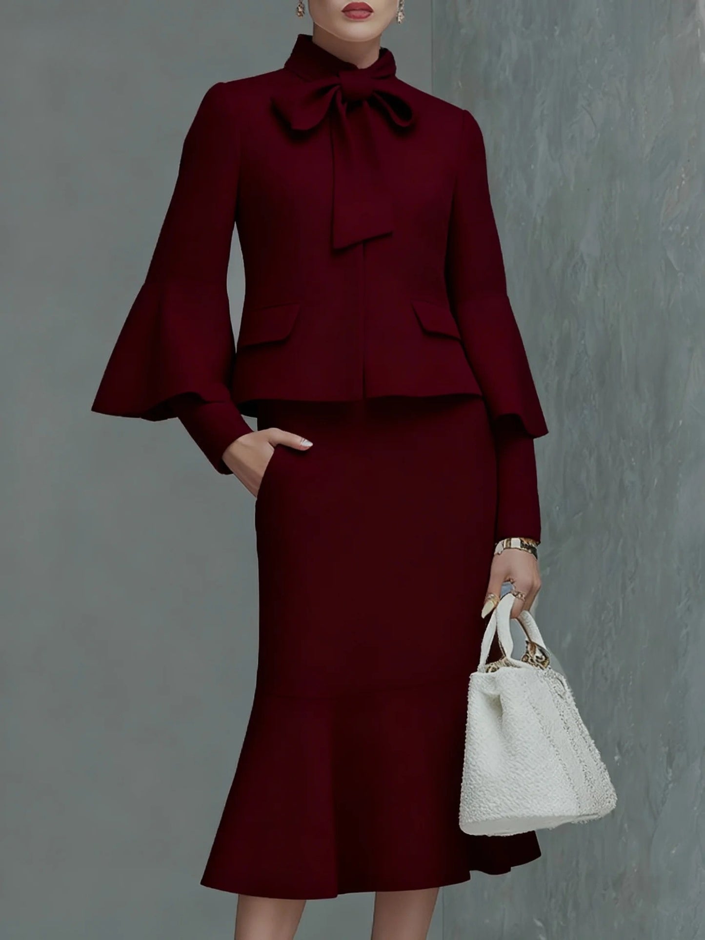 Elegant Neckline Bow Tie Trumpet Sleeve Jacket Skirt Tweed Set