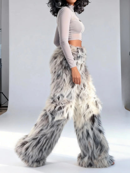 Gray Sheer Crop Top & Faux Fur Wide-Leg Pants Set