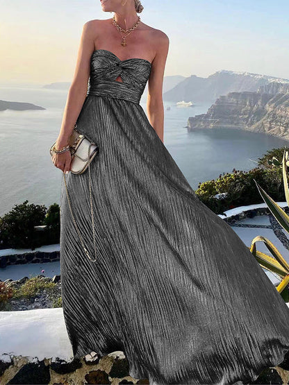 Silver Shimmering Strapless Twist-Front Maxi Gown