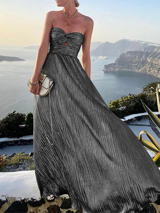Silver Shimmering Strapless Twist-Front Maxi Gown