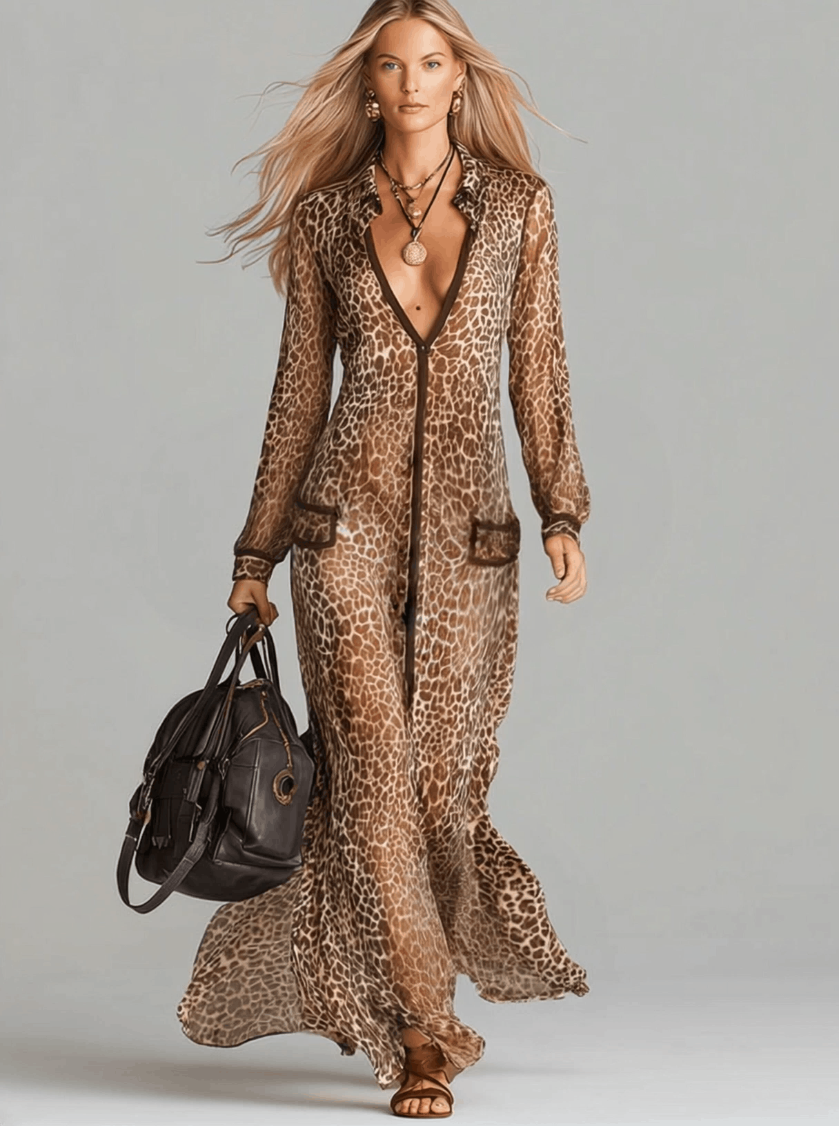 Fashionable And Elegant Brown Chiffon Leopard Print Long Sleeve Maxi Dress