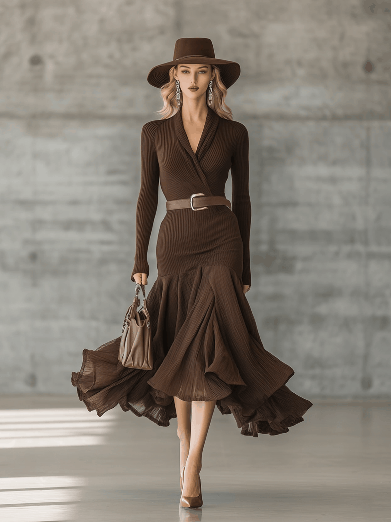 Simple V-neck Hem Stitching Crinkled Chocolate Color Knitted Maxi Dress