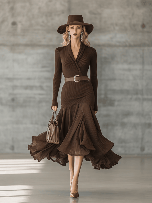 Simple V-neck Hem Stitching Crinkled Chocolate Color Knitted Maxi Dress