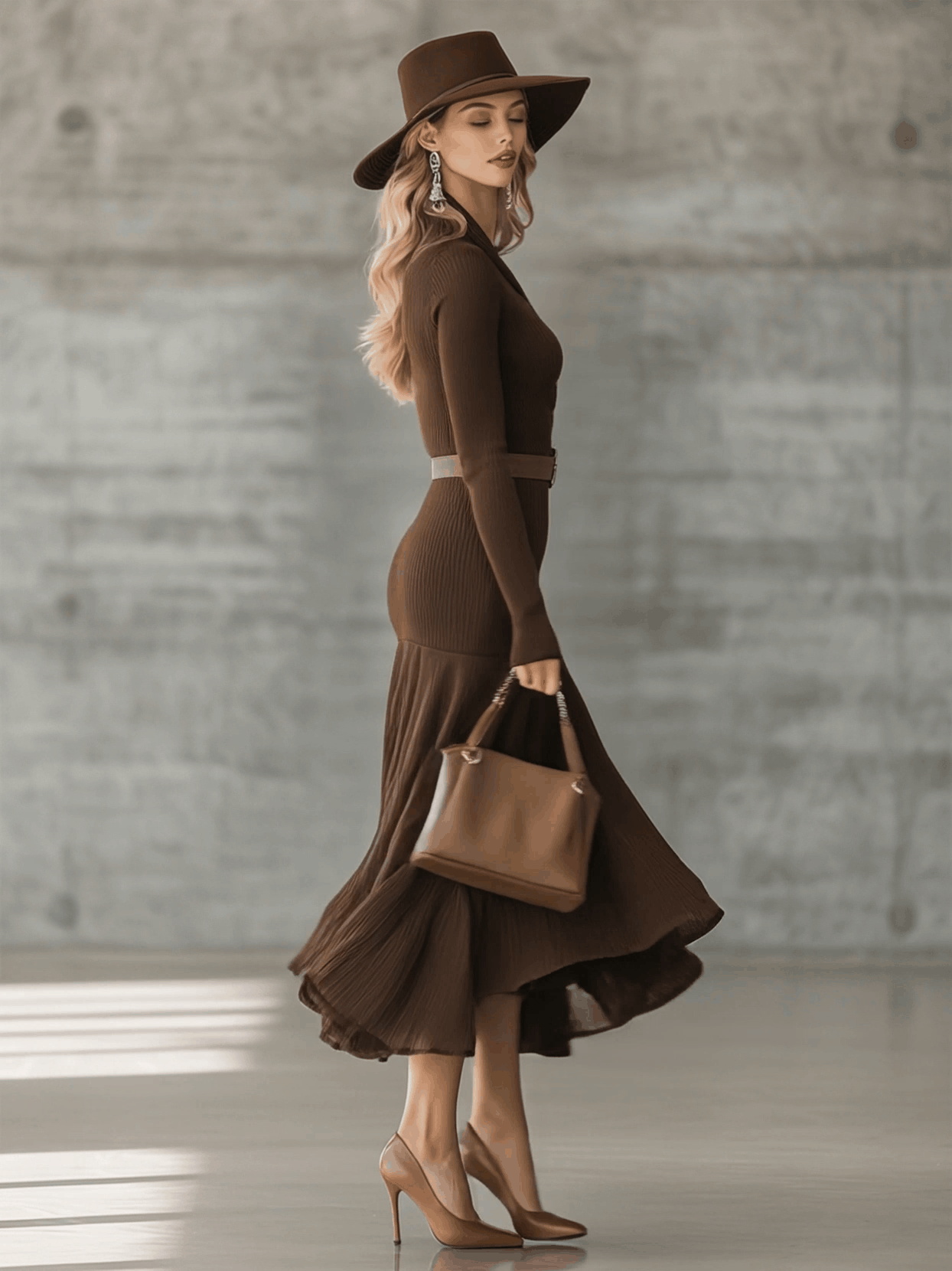 Simple V-neck Hem Stitching Crinkled Chocolate Color Knitted Maxi Dress