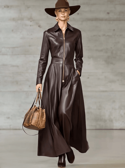 Exquisite Temperament Front Zip Long Sleeve High Quality Brown Leather Midi Dress