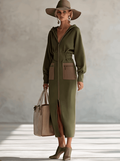 Elegant Olive Green Hooded Narrow Waist Zip-up Sweatshirt Long Sleeve Maxi Dress