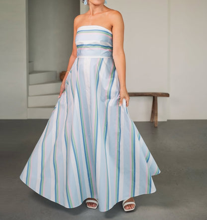 Elegant Pastel Striped Strapless Maxi Dress - WOOLX