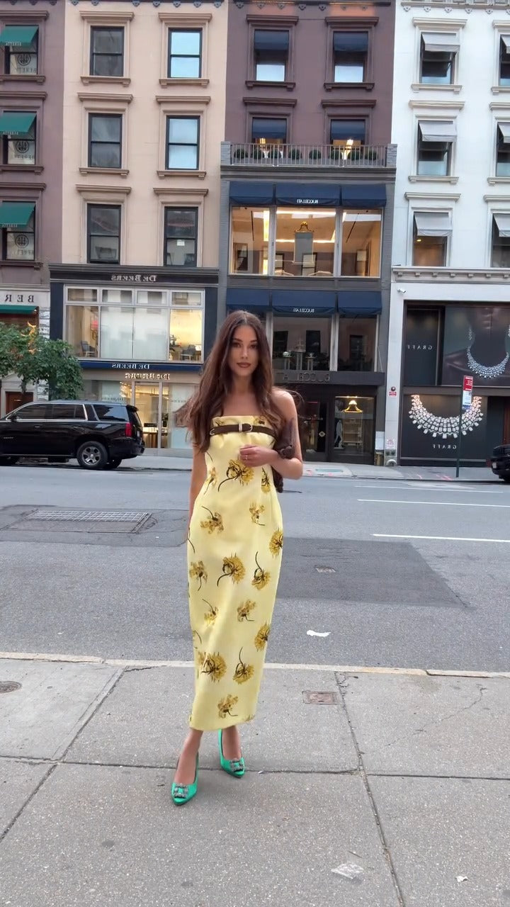 Light Yellow Floral Print Strapless Midi Dress - WOOLX