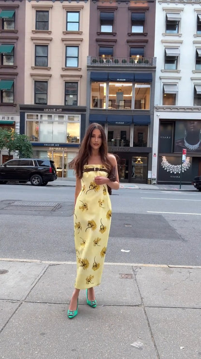 Light Yellow Floral Print Strapless Midi Dress - WOOLX