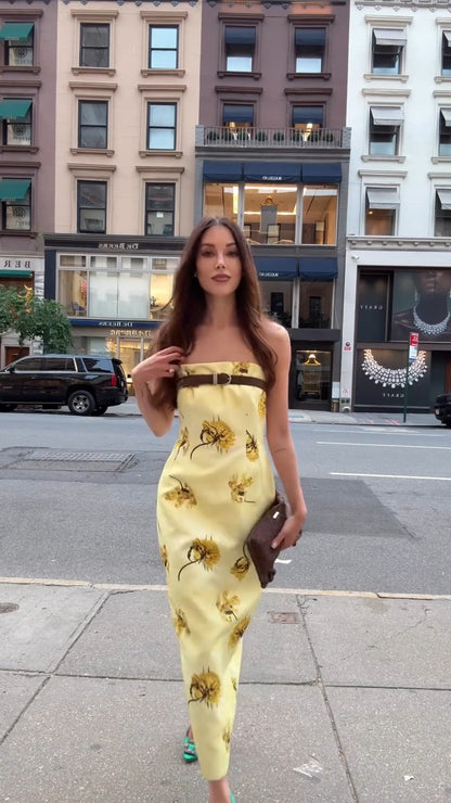 Light Yellow Floral Print Strapless Midi Dress - WOOLX