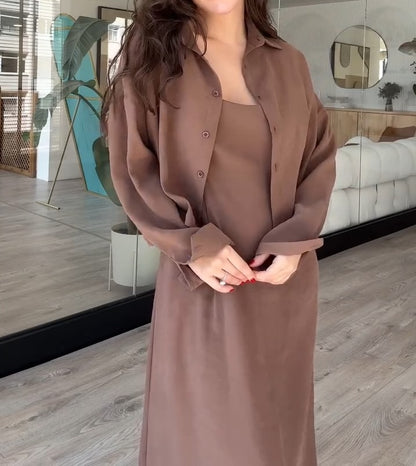 Sophisticated Chocolate - Brown Button - Up Shirt And Maxi Dress Set - WOOLX
