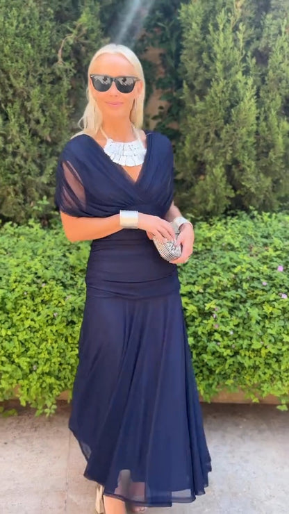 Navy Blue Chiffon V Neck Dress - WOOLX