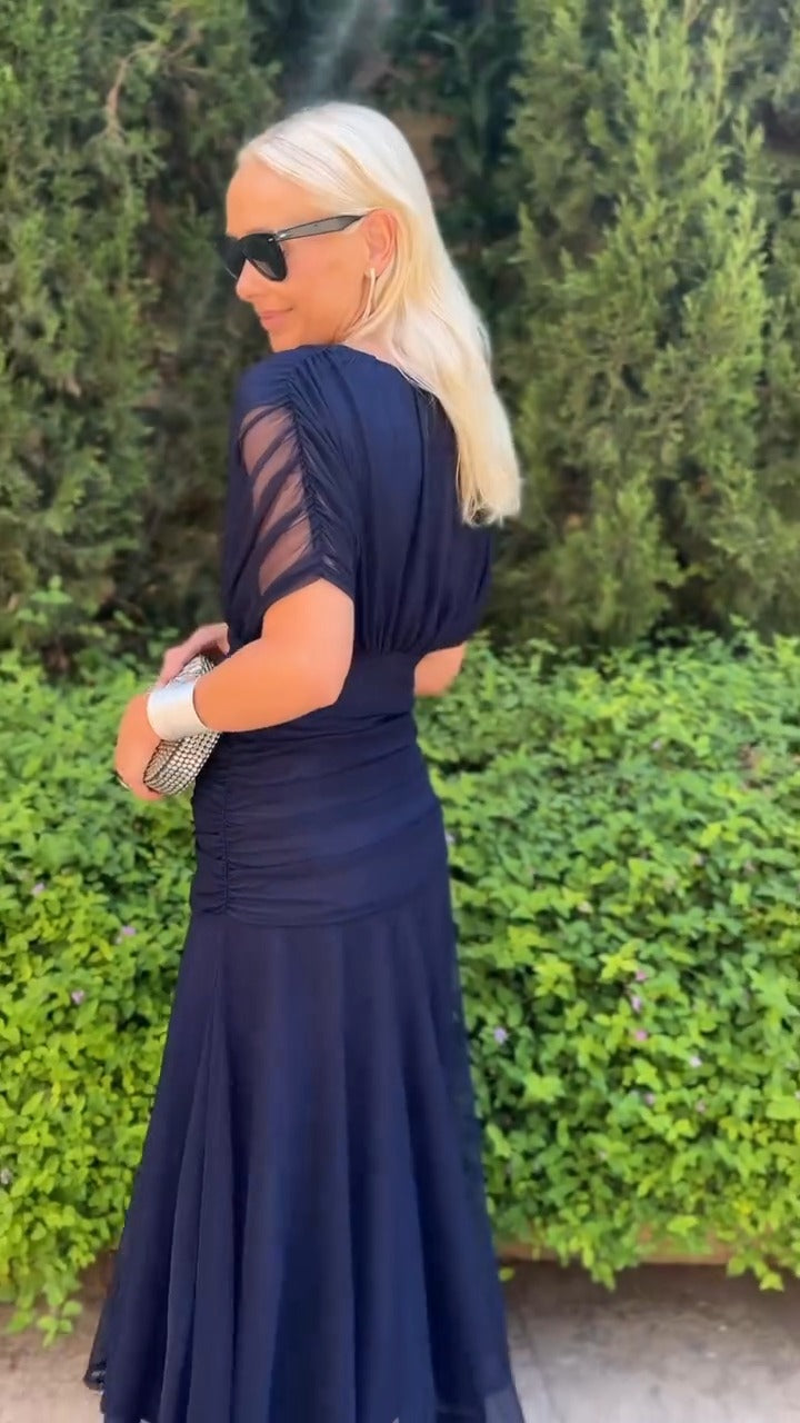 Navy Blue Chiffon V Neck Dress - WOOLX