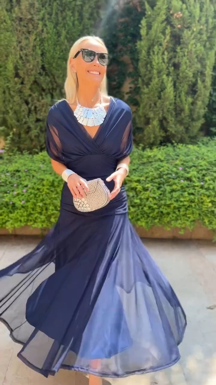 Navy Blue Chiffon V Neck Dress - WOOLX