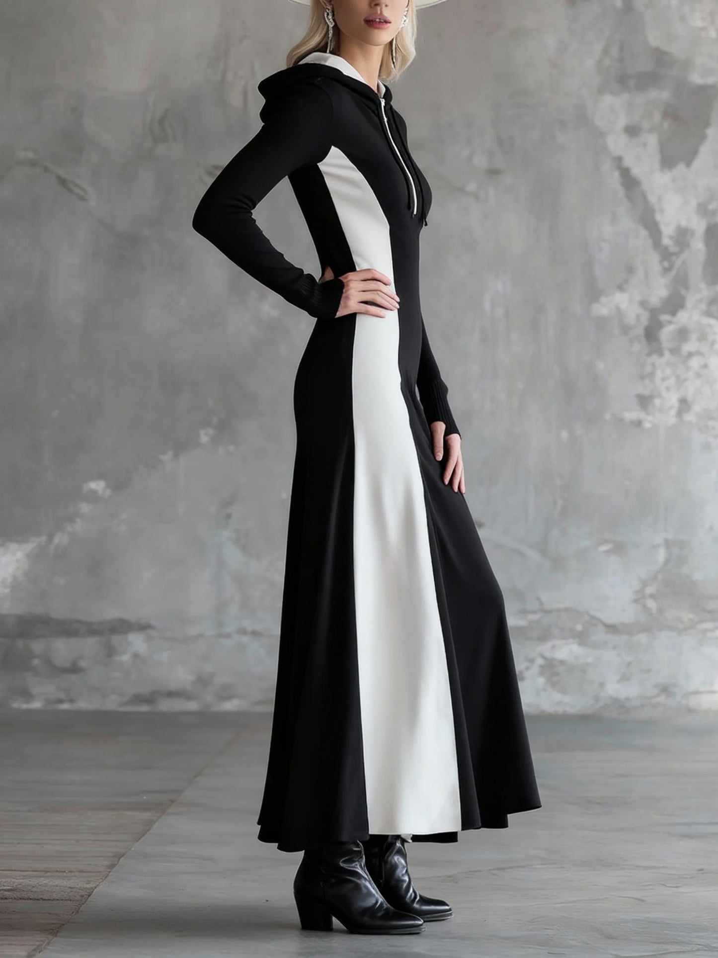 Fashionable Sporty Black And White Patchwork Hooded Half-zip Maxi Dress