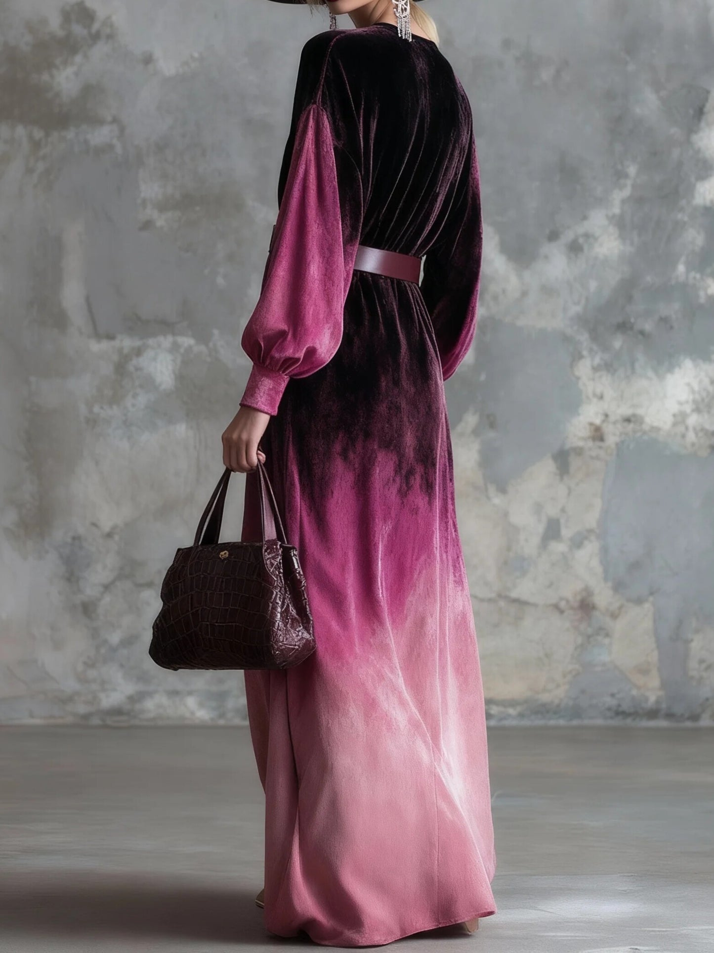 Elegant And Loose-fitting Black And Pink Gradient Velvet Maxi Dress