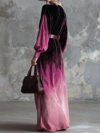 Elegant And Loose-fitting Black And Pink Gradient Velvet Maxi Dress