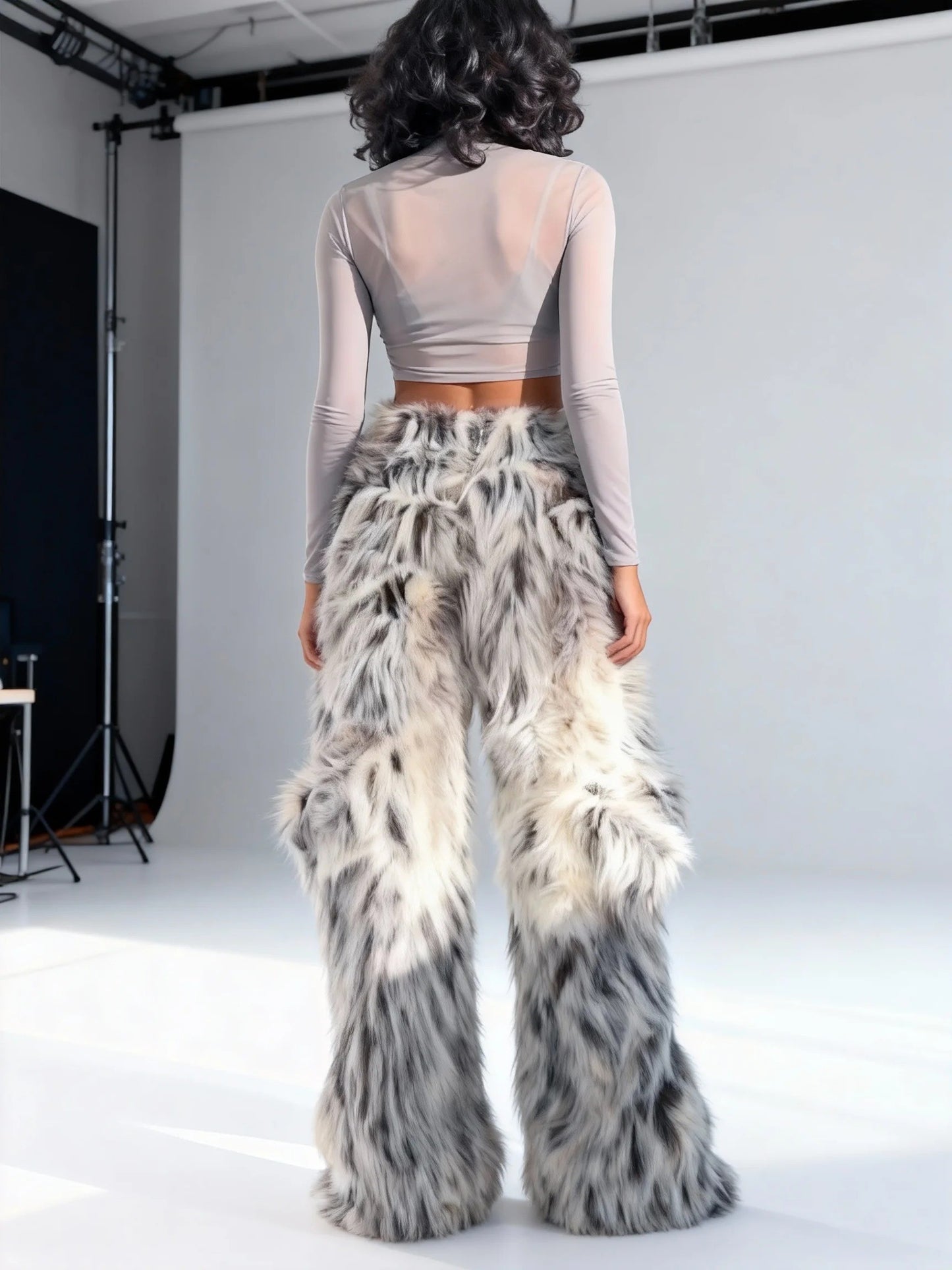 Gray Sheer Crop Top & Faux Fur Wide-Leg Pants Set