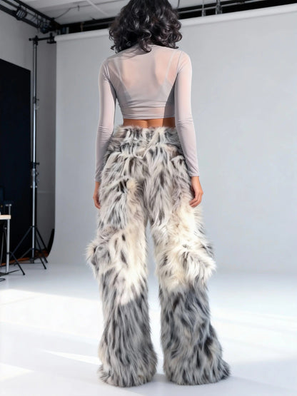 Gray Sheer Crop Top & Faux Fur Wide-Leg Pants Set