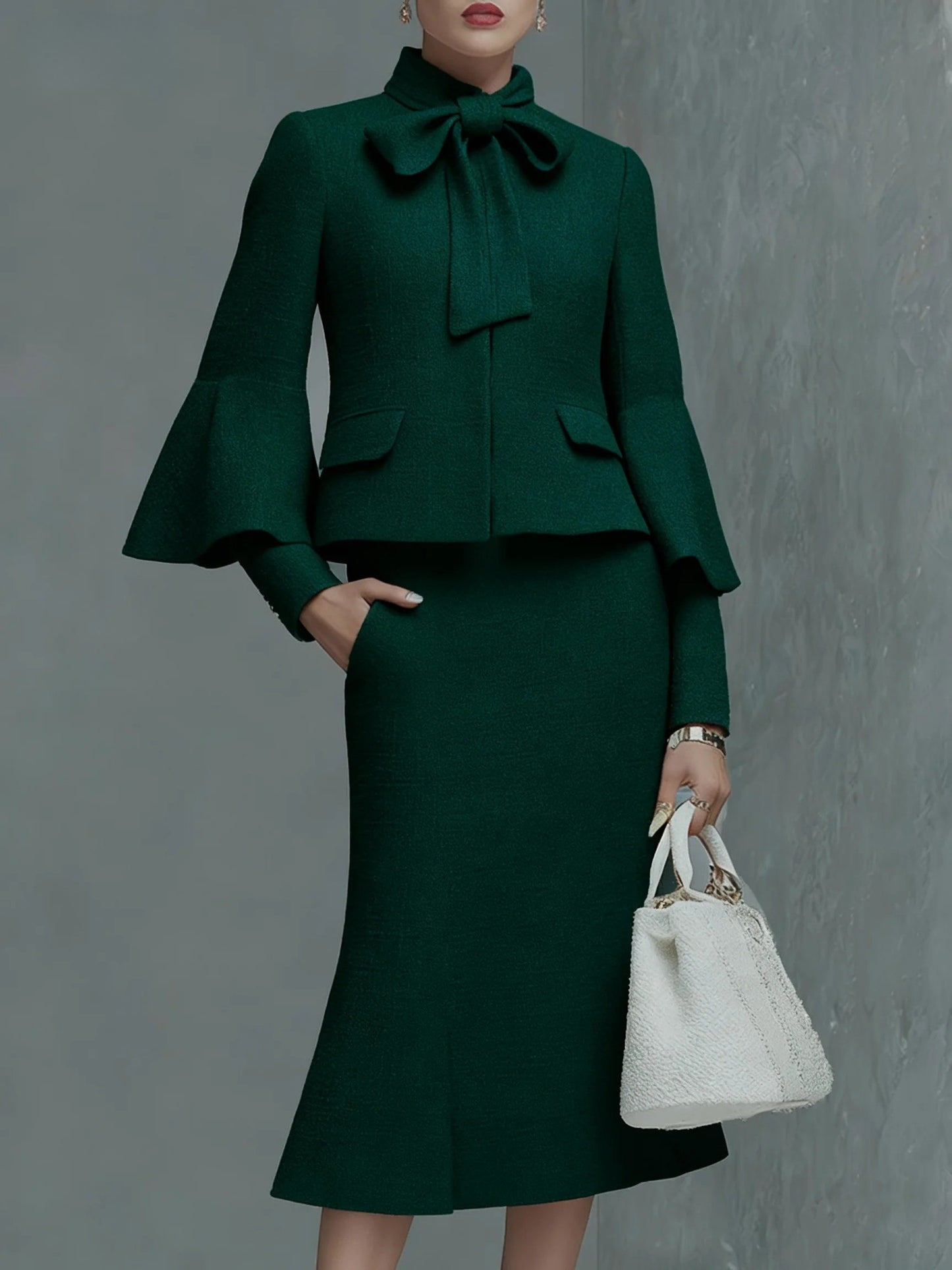 Elegant Neckline Bow Tie Trumpet Sleeve Jacket Skirt Tweed Set