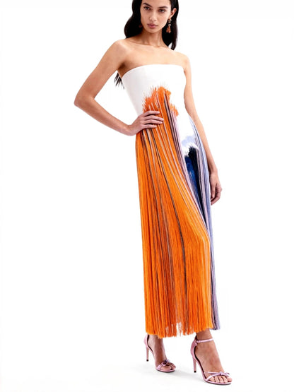 Strapless Gradient Print Fringe Midi Dress