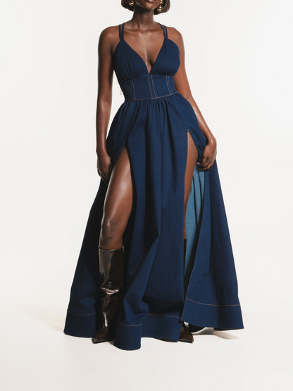 Sling Denim Split Dress - WOOLX