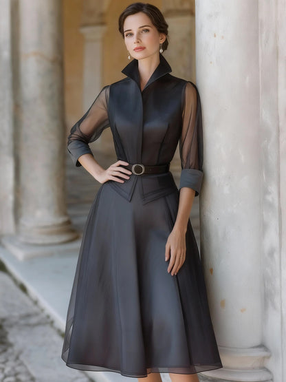 Structured Sheer Sleeve Top & A-Line Skirt Set