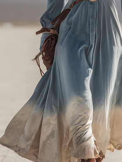 Retro Western Blue Gradient Beige Velvet V-Neck Belted Maxi Dress