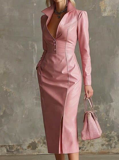 Elegant And Gentle Faux Leather Midi Dress