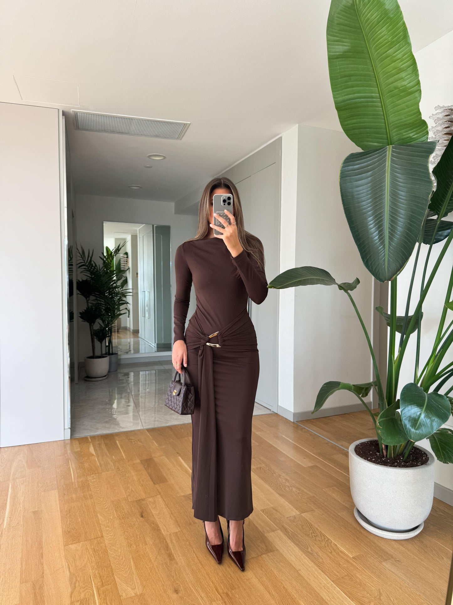 Long-Sleeve Ruched Maxi Dress With Gold Buckle Detail