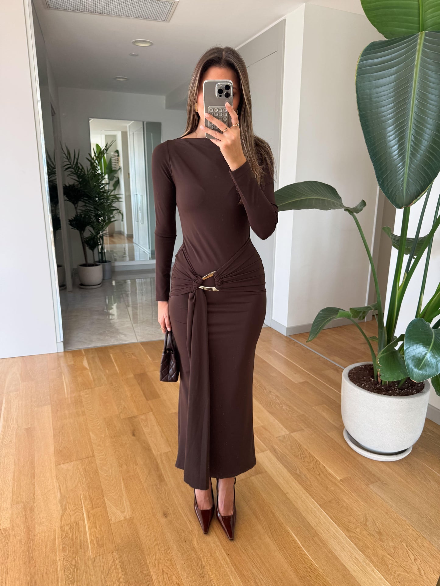 Long-Sleeve Ruched Maxi Dress With Gold Buckle Detail