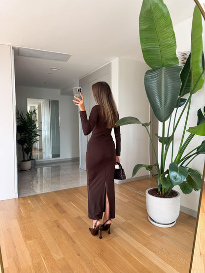 Long-Sleeve Ruched Maxi Dress With Gold Buckle Detail